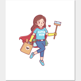 Super Mom With Cleaning Supplies And Groceries Posters and Art